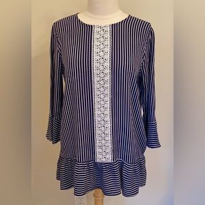 Lake Flower Blue White Striped Crochet Trim Bell Long Sleeve Peplum Top Size L